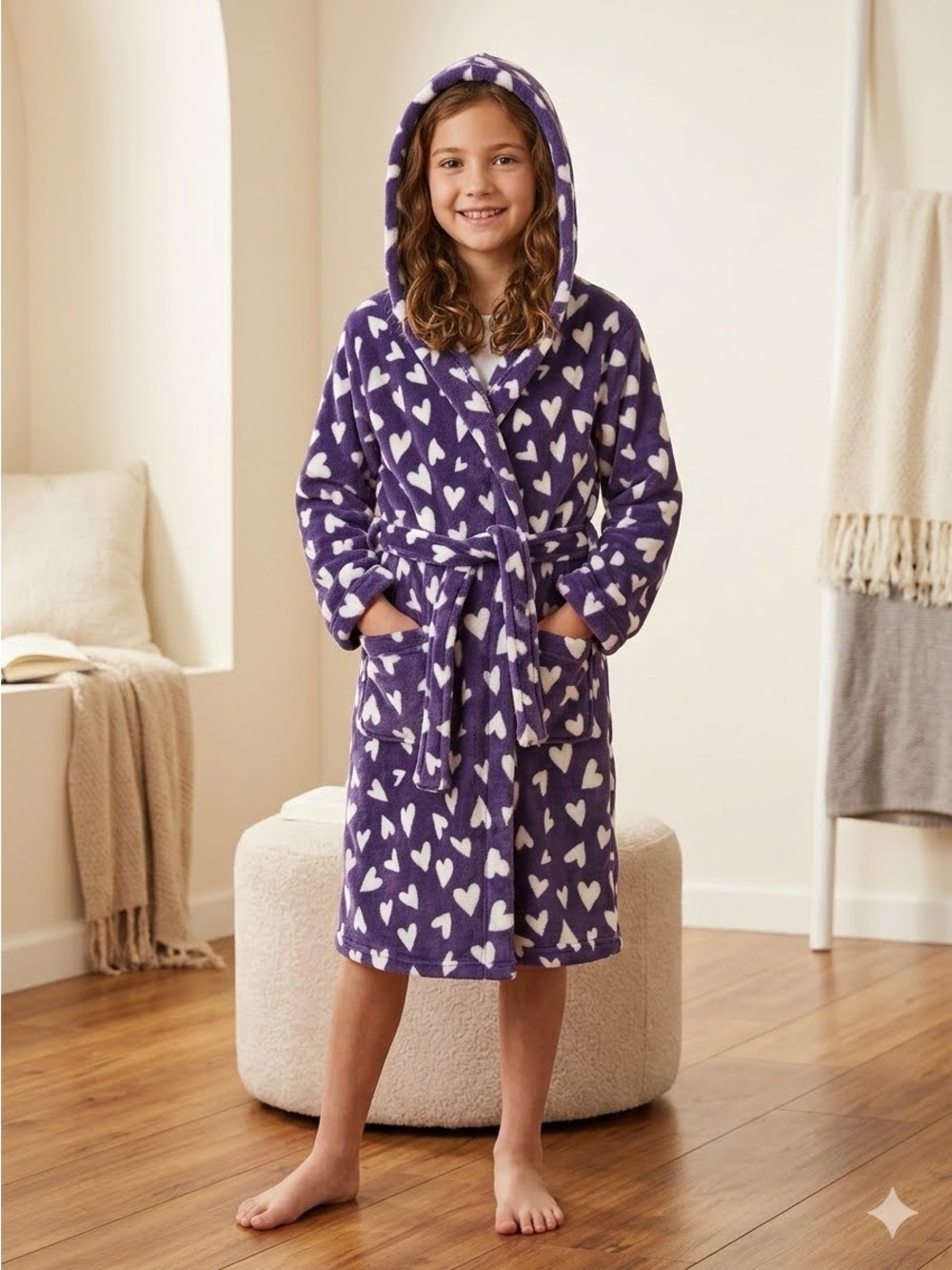 Tucker + Tate Big Girls Plush Hooded Robe hearts purple  8/10